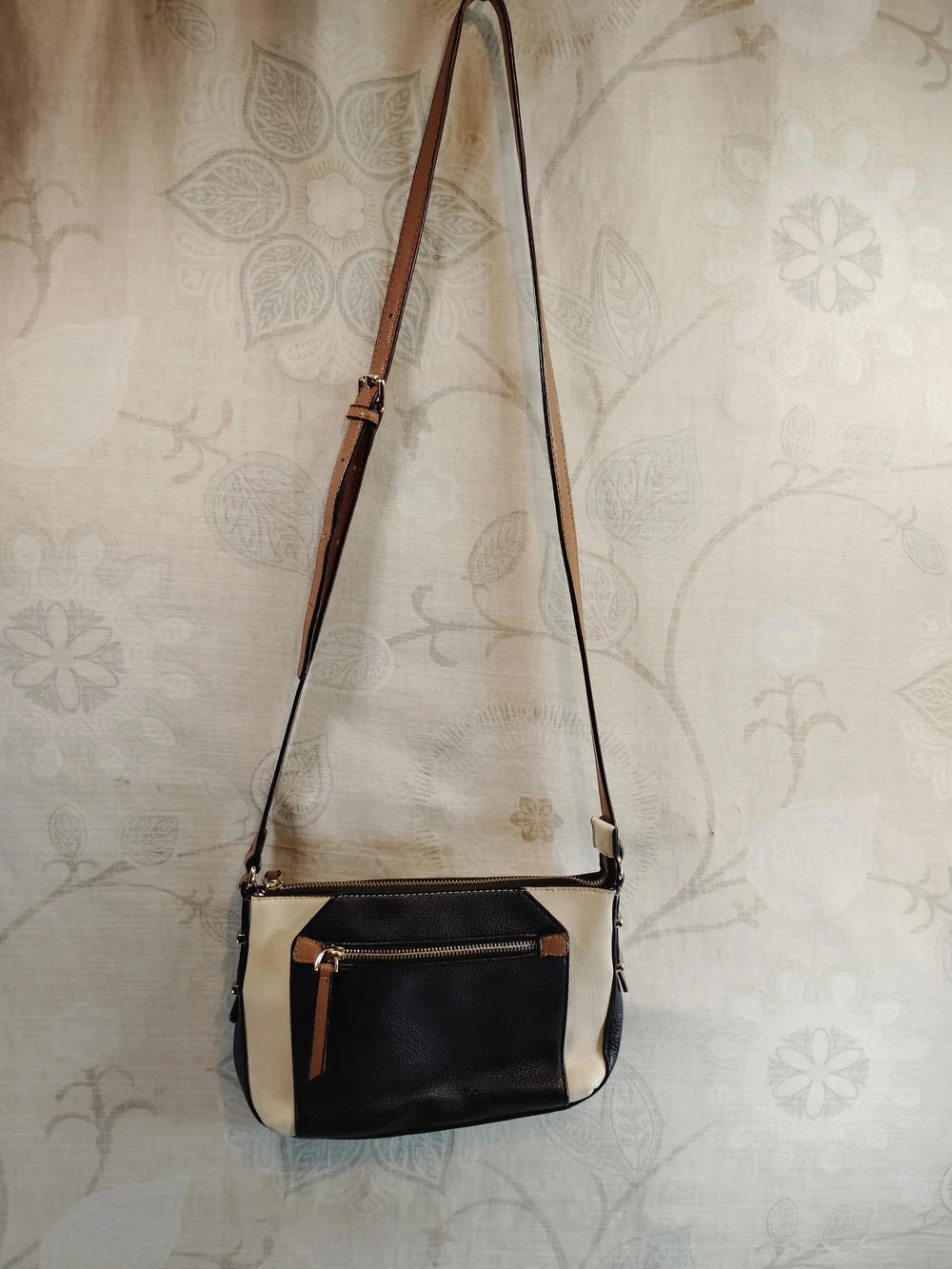 Charming Charlie Black and Cream Crossbody Bag with Brown Accents